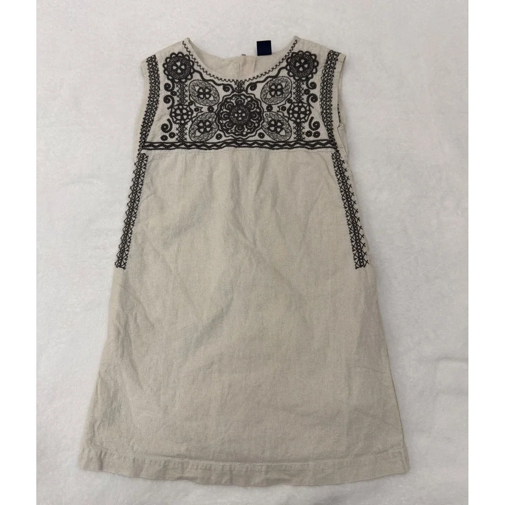 GapKids Girls M 8 Linen Blend Embroidered Shift Dress Oatmeal Black Boho Pockets